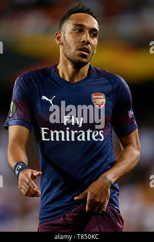 Valence, Espagne - 09 MAI : Pierre-Emerick Aubameyang semble d'Arsenal au cours de l'UEFA Europa League Semi finale deuxième match de jambe entre Valence et l'Arsenal, à l'Estadio Mestalla le 9 mai 2019 à Valence, en Espagne. (Photo de David Aliaga/MO Media) Banque D'Images
