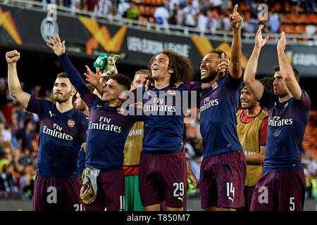 Valence, Espagne - 09 mai : les joueurs d'Arsenal célébrer la victoire au cours de l'UEFA Europa League Semi finale deuxième match de jambe entre Valence et l'Arsenal, à l'Estadio Mestalla le 9 mai 2019 à Valence, en Espagne. (Photo de David Aliaga/MO Media) Banque D'Images