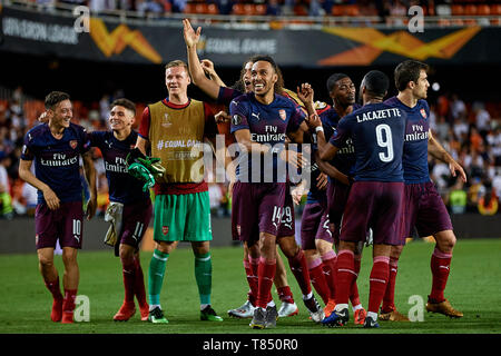 Valence, Espagne - 09 mai : les joueurs d'Arsenal célébrer la victoire au cours de l'UEFA Europa League Semi finale deuxième match de jambe entre Valence et l'Arsenal, à l'Estadio Mestalla le 9 mai 2019 à Valence, en Espagne. (Photo de David Aliaga/MO Media) Banque D'Images