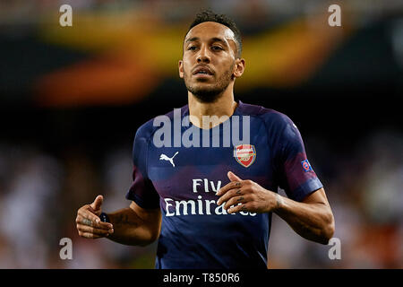 Valence, Espagne - 09 MAI : Pierre-Emerick Aubameyang semble d'Arsenal au cours de l'UEFA Europa League Semi finale deuxième match de jambe entre Valence et l'Arsenal, à l'Estadio Mestalla le 9 mai 2019 à Valence, en Espagne. (Photo de David Aliaga/MO Media) Banque D'Images