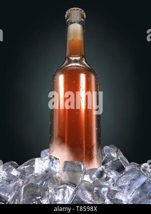 Bouteille de bière sur la glace, illustration Banque D'Images