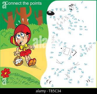 Dans le vector illustration puzzle avec une petite fille qui se promène dans la forêt. Relier les points et découvrir qui elle a rencontré dans la forêt. Illustration de Vecteur