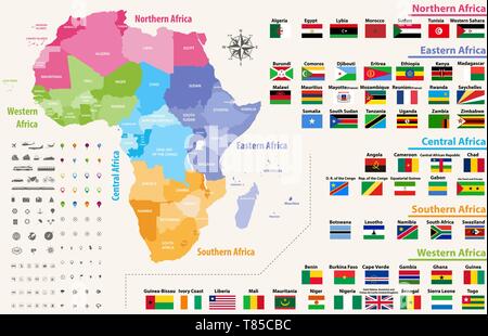 Carte vectorielle de l'Afrique continent coloré par régions. Tous les drapeaux des pays africains Illustration de Vecteur