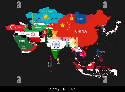 Illustration vecteur de pays asiatiques mélangés avec leurs drapeaux nationaux Illustration de Vecteur