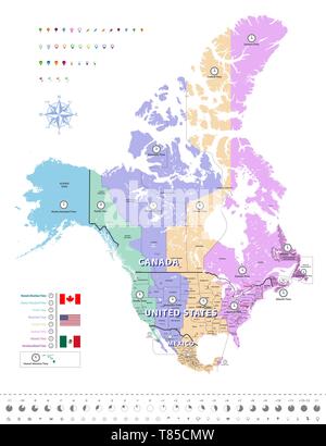 Canada, États-Unis et Mexique Carte des fuseaux horaires Illustration de Vecteur