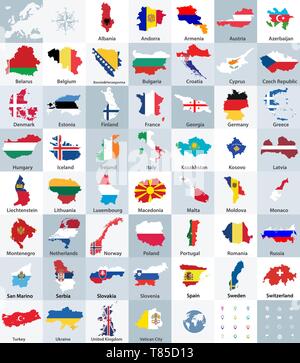 Tous les pays de l'Europe vector maps mélangé avec drapeaux Illustration de Vecteur