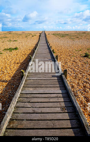 Une longue ligne droite decking en bois avec un diminshing point de vue sur une plage de galets, le chemin commence à l'avant-plan grand centre de l'image Banque D'Images