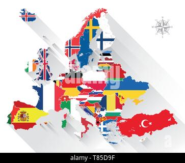 Vecteur de l'Europe carte détaillée haut mélangé avec les drapeaux nationaux Illustration de Vecteur