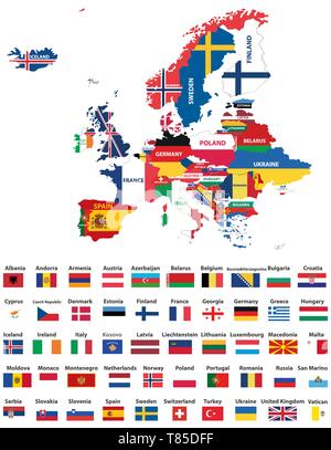 Vecteur de l'Europe carte détaillée haut mélangé avec les drapeaux nationaux Illustration de Vecteur