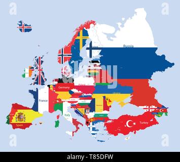 Vecteur de l'Europe carte détaillée haut mélangé avec les drapeaux nationaux Illustration de Vecteur