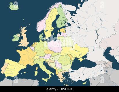 L'Europe politique plan vecteur très détaillés avec des rivières et des noms de pays. Illustration de Vecteur