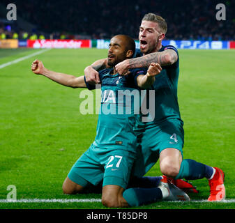 AMSTERDAM, Pays-Bas. 08 mai, 2019. Lucas de Tottenham Hotspur célébrer le but gagnant avec Tottenham Hotspur est Toby Alderweireld pendant l'UEFA Cham Banque D'Images