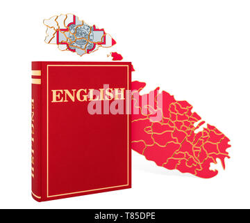 Livre en langue anglaise avec carte de Malte, rendu 3D isolé sur fond blanc Banque D'Images