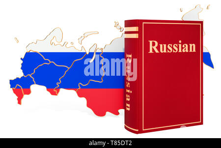 Livre en langue russe avec carte de la Russie, 3D Rendering isolé sur fond blanc Banque D'Images