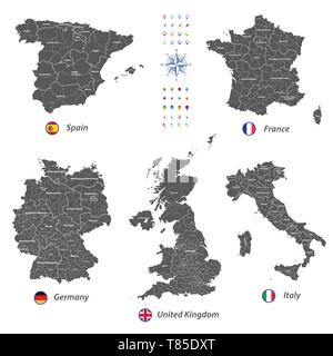 Cartes vectorielles très détaillés du Royaume-Uni, l'Italie, l'Allemagne, la France et l'Espagne Illustration de Vecteur