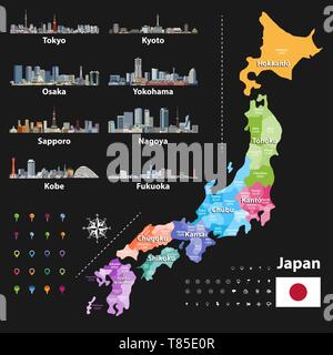 Vector illustration du drapeau japonais et les préfectures site colorés par régions Illustration de Vecteur