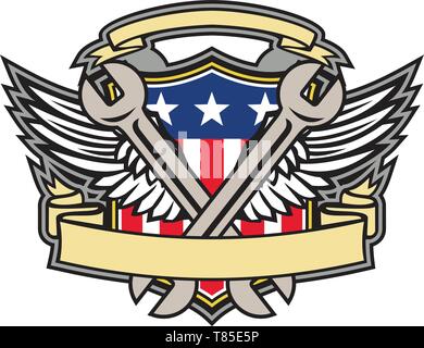 Icône mascotte illustration d'une clé dynamométrique croisés avec des ailes et de l'armée de l'armée de l'air American USA stars and stripes flag à l'intérieur du flasque sur fond isolé dans Illustration de Vecteur