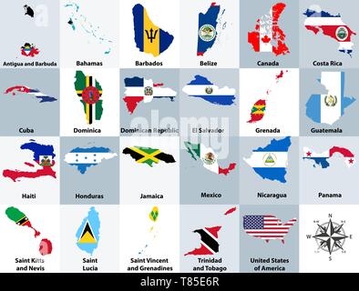 Abstract vector illustration d'Amérique du Nord onu(états souverains) cartes mélangé avec drapeaux Illustration de Vecteur