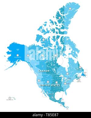 Détaillées temps élevé en Amérique du Nord carte des zones. Tous les éléments séparés et étiquetés en couches amovibles Illustration de Vecteur