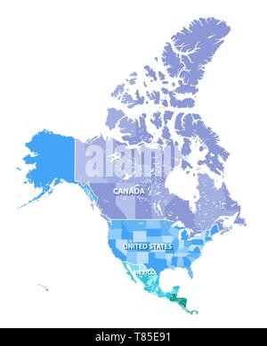 Amérique du Nord carte vectorielle très détaillés avec les États frontières du Canada, États-Unis et Mexique Illustration de Vecteur