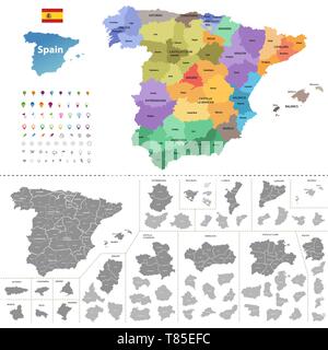 Espagne carte vectorielle très détaillés (en couleur par communautés autonomes) avec les divisions administratives Illustration de Vecteur