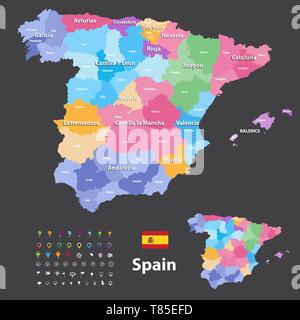 Espagne carte vectorielle très détaillés (en couleur par communautés autonomes) avec les divisions administratives Illustration de Vecteur