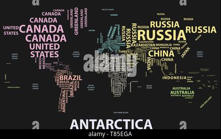 Carte du monde vecteur avec les noms de pays dans la typographie Illustration de Vecteur