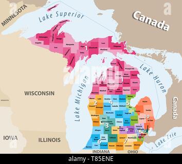 Circonscriptions du Michigan détaillées haute carte vectorielle Illustration de Vecteur