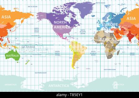 Carte du monde vecteur coloré par continents et centré en Amérique latine Illustration de Vecteur