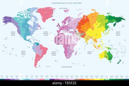 Dans le monde des couleurs carte vectorielle de fuseaux horaires locaux Illustration de Vecteur