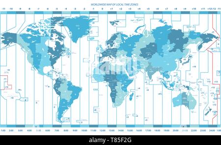 Dans le monde des couleurs carte vectorielle de fuseaux horaires locaux Illustration de Vecteur