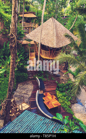 Bamboo House à l'architecture traditionnelle balinaise en forêts tropicales, Jungle Island, Bali, Indonésie Banque D'Images