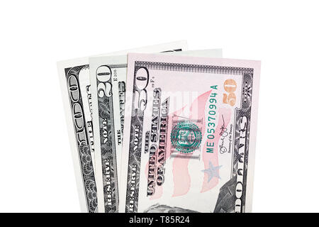 Certains projets de loi de l'argent américain isolé sur blanc. Billets d'United States of America close-up, isolé. Banque D'Images