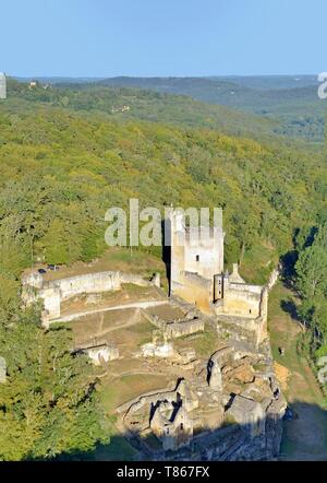 France, dordogne, Périgord Noir, vallée de la Beune, Château de Commarque (vue aérienne) Banque D'Images