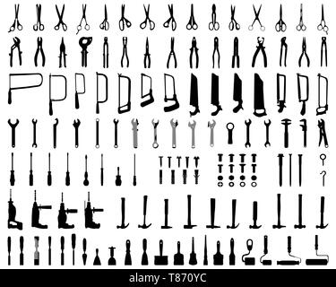 Ensemble d'outils de silhouettes noires sur fond blanc Banque D'Images