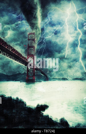 Golden Gate Bridge pendant la tempête, la pluie et l'éclairage en Californie, Creative photo. Banque D'Images