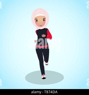 Jeune fille en abaya tracksuit. Courir tôt le matin. Tenue d'entraînement. L'Arabie à l'exécution même. Belle femme musulmane dans vêtements de sport traditionnel. Illustration de Vecteur