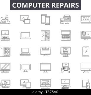 Icônes de ligne de dépannage informatique, signes, vector set, résumé du concept, illustration linéaire Illustration de Vecteur