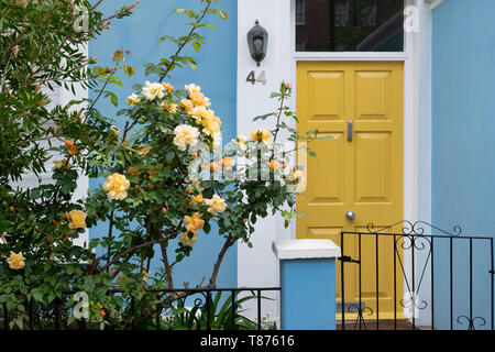 Roses jaunes sur une maison peinte en bleu avec une porte avant jaune dans Portobello Road, Notting Hill, Londres, Angleterre Banque D'Images