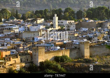 Le Maroc, Moyen Atlas, Fès, ville impériale classée au Patrimoine Mondial de l'UNESCO, Fès El Jedid, vue panoramique à partir de Merenid tombes Banque D'Images