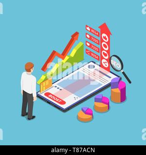 Télévision 3D isométrique businessman améliorer son contenu par la publicité sur les réseaux sociaux et internet. Marketing de contenu et la publicité en ligne concept. Illustration de Vecteur