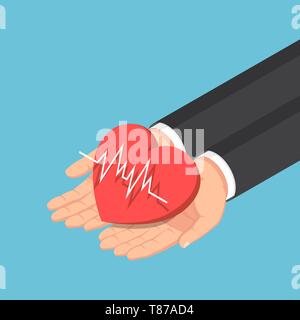 Télévision 3D isométrique businessman hand holding red heart avec l'électrocardiographie ou ECG EKG ligne. Assurance santé cardiologie ou concept. Illustration de Vecteur