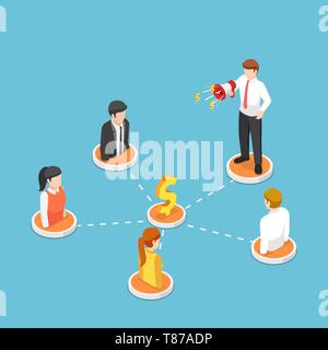 Télévision 3D isométrique businessman cri sur mégaphone avec des gens sur le réseau marketing de référence. Concept de vente de filiale et d'aiguillage. Illustration de Vecteur