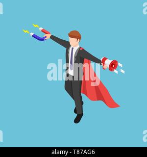 Télévision 3D isométrique super businessman holding aimant et porte-voix pour promouvoir son entreprise. Concept de marketing entrant et sortant. Illustration de Vecteur