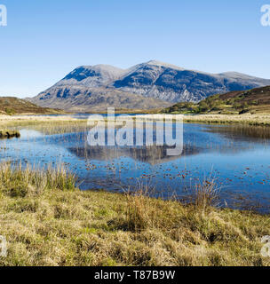 La montagne Arkle reflétée dans le Loch pile sur une calme clair matin de printemps, Sutherland, Highlands, Scotland UK Banque D'Images