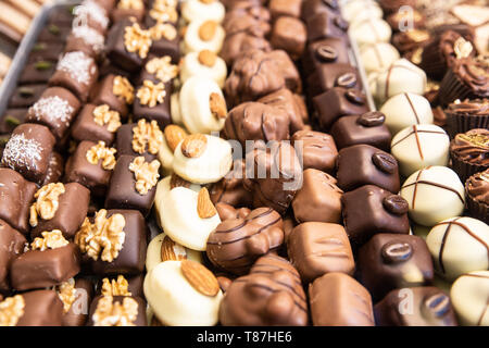 Un assortiment de chocolats dans l'affichage de détail Banque D'Images