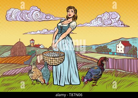 Femme rurale avec des oeufs de poule. Paysage agricole. Pop art retro vintage kitsch vector illustration Illustration de Vecteur