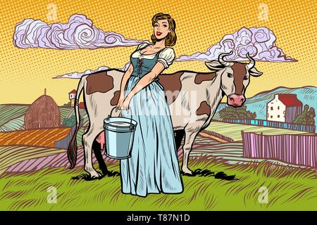 Femme de village avec un seau de lait de vache. paysage agricole. Pop art retro vintage kitsch vector illustration Illustration de Vecteur