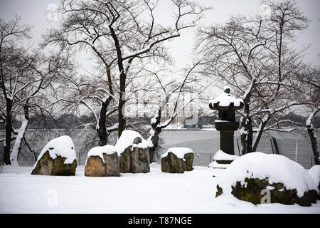 WASHINGTON DC, États-Unis — Une couverture de neige recouvre la lanterne japonaise et les cerisiers voisins sur les rives du Tidal Basin à Washington DC. Les chutes de neige inattendues transforment la région, généralement connue pour ses cerisiers en fleurs printanières, en un paysage hivernal serein au cœur de la capitale nationale. Banque D'Images