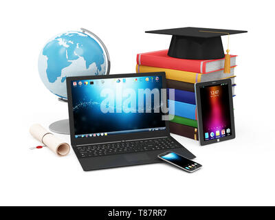 Technologie de l'éducation électronique ou E-Learning Concept. Gadgets électroniques modernes avec 24 Globe, Graduation Cap avec diplôme et pile de livres. (E Banque D'Images